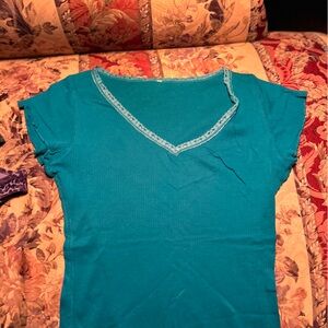 Blue V-Neck Cap Sleeve Fitted T-Shirt
